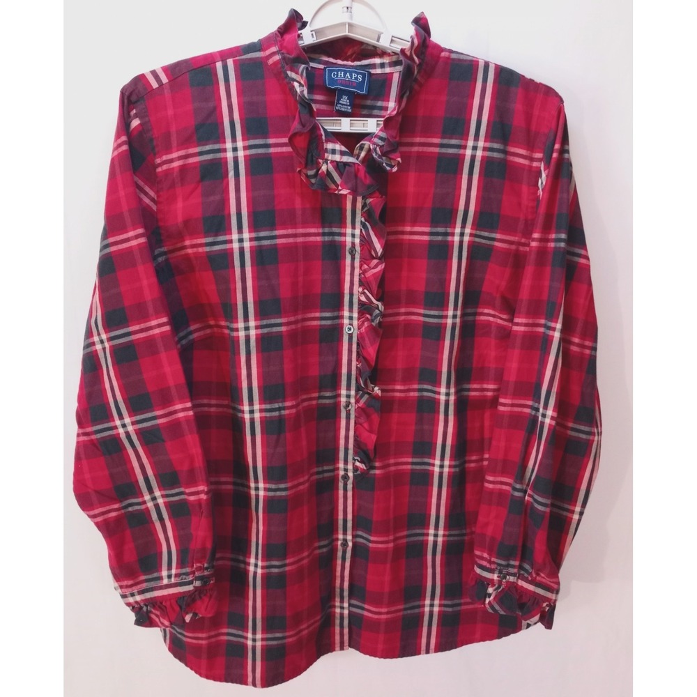 Chaps Denim Ruffled Women's Shirt Top, 3X, Red Plaid